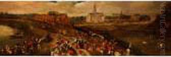 Buntes Treiben Auf Einer 
Landstrasse Mithausern, Gasthaus Und Kirche In Weiter Landschaft Oil Painting by Jacob Grimmer