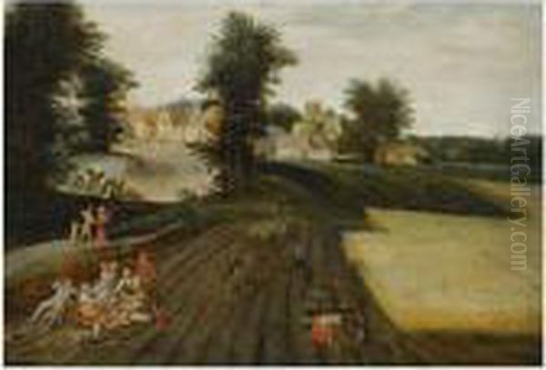 A Landscape With Farmers 
Harvesting, Figures Having A Picknick To The Left, A Village Beyond Oil Painting by Jacob Grimmer