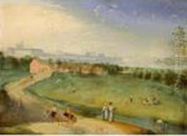 An Extensive Landscape With 
Figures On A Meadow Near A Stream, A Horse-drawn Cart In The Foreground Oil Painting by Jacob Grimmer