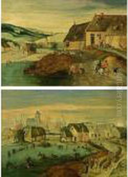 Winter: A Landscape With Figures
 Skating On A Frozen Pond, An Ox-drawn Wagon With Soldiers In The 
Foreground, A Village With A Church Beyond Oil Painting by Jacob Grimmer