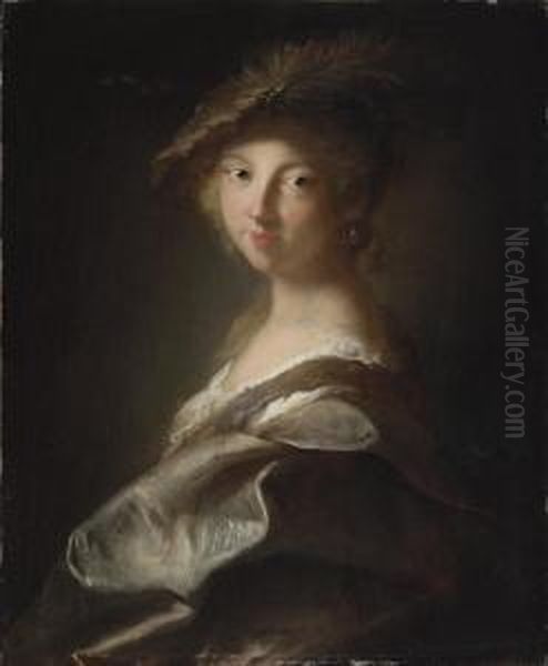 Portrait Of A Lady, Said To Be 
The Duchesse De Caumont-laforce,bust-length, In A Plumed Hat And Silk 
Mantle Oil Painting by Jean-Alexis Grimou