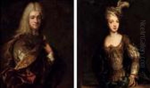 Portrait Of A Gentleman, 
Half-length, In A Silver Costume And Red And Gold Wrap; And Portrait Of A
 Lady, Half-length, In A Gold And Silver Dress And A Green Robe Oil Painting by Jean-Alexis Grimou