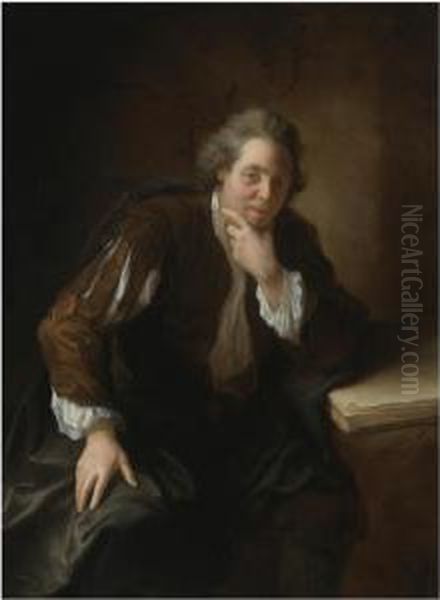 Portrait Of A Contemplative 
Gentleman, Said To Be A Huguenot, Resting His Arm On An Open Book Oil Painting by Jean-Alexis Grimou