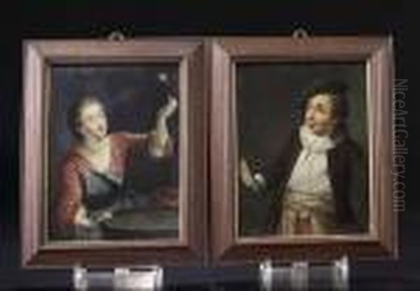 A Girl At A Table Wearing A Red Dress Playing With A Ball;

 A Young Boy Wearing A White Chemise A Brown Coat And A Green Hat Oil Painting by Jean-Alexis Grimou