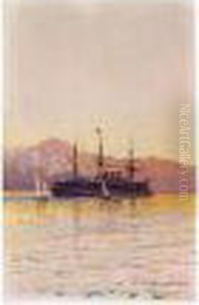 The Imperial Yacht 'the Aurora' Moored Off The Black Sea Coast Oil Painting by Nikolai Nikolaevich Gritsenko