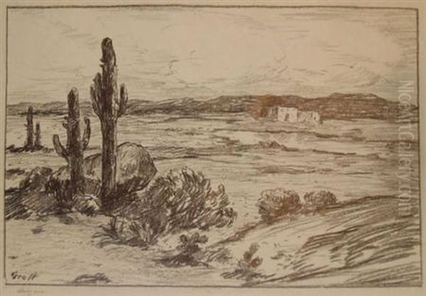 Mission Church; 
Arizonalandscape; Mountainside With Trees; Arizona Sky And Wheat 
Field:five Oil Painting by Albert Lorey Groll