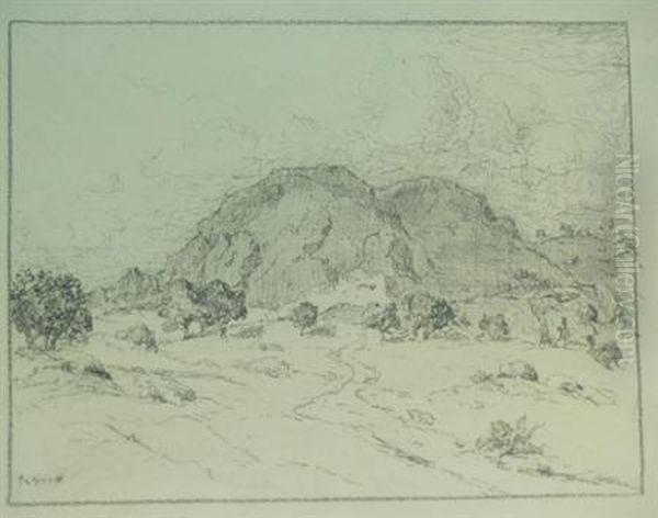 Tree, Tree Stumps And Mountains;
 An Adobe Village In A Mountain;pueblo Village, Arizona; Wagon Train, 
Mountains And Sky Oil Painting by Albert Lorey Groll