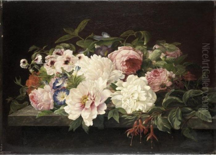 Still Life Of Flowers On A Marble Ledge Oil Painting by Theude Gronland
