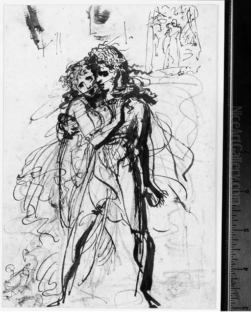 Young Lovers Embracing,with A 
Subsidiary Study Of The Compositionand Two Studies Of The Man's Head Oil Painting by Antoine-Jean Gros