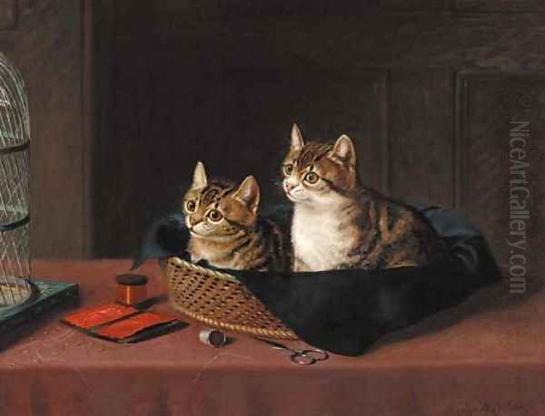 Two kittens in a basket watching a bird in a cage Oil Painting by Horatio Henry Couldery
