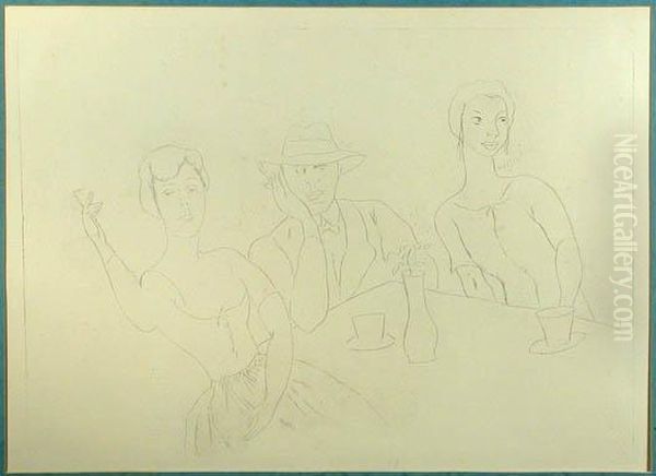 Zwei Frauen Und Mann Mit Hut 
Beim Kaffeetrinken. Lithographieauf Buttenpapier Aus Einem Herbarium Oil Painting by Rudolf Grossmann