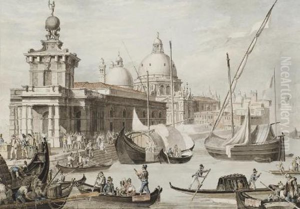 Vue De L'eglise De La Salute Et 
De La Pointe De La Dogana A Venise, Des Gondoles Au Premier Plan Oil Painting by Carlo Grubacs