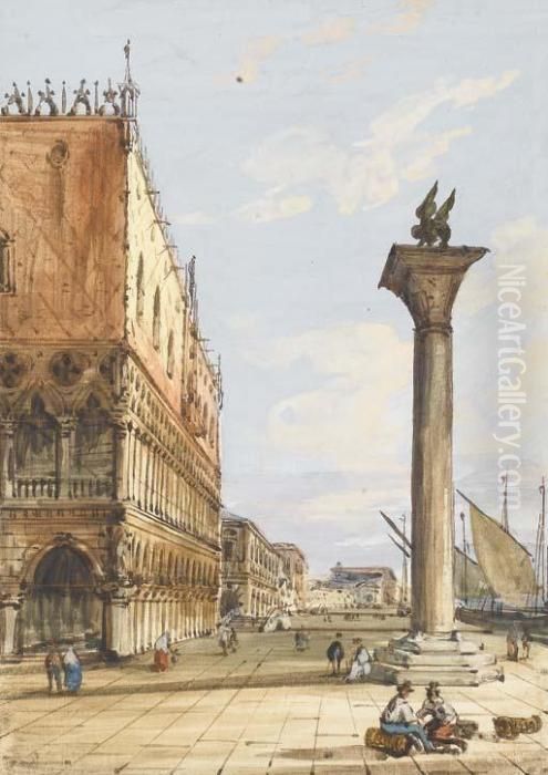 View Of The Riva Degli Schiavoni
 From The Piazzetta, Venice, Thedoges' Palace To The Left Oil Painting by Carlo Grubacs