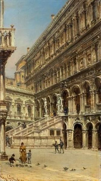 La Cour Interieure Du Palais Des Doges, Venise
 Huile Sur Panneau, Signee En Bas A Gauche Oil Painting by Giovanni Grubacs