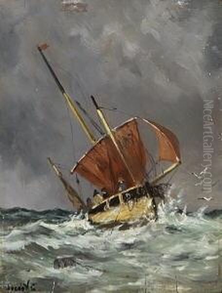 Segelboot Auf Sturmischer
 See. Oil Painting by Willem Jun Gruyter