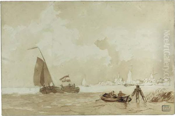 A Rowing Boat With Figures And A
 Sailing Vessel Near A Village(recto); A Study Of A Sailing Vessel 
(verso) Oil Painting by Willem Jun Gruyter