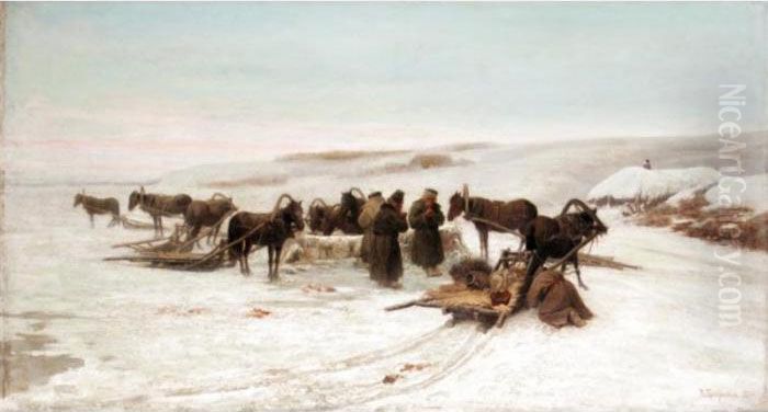 Resting The Horses Oil Painting by Petr Nicolaevich Gruzinsky