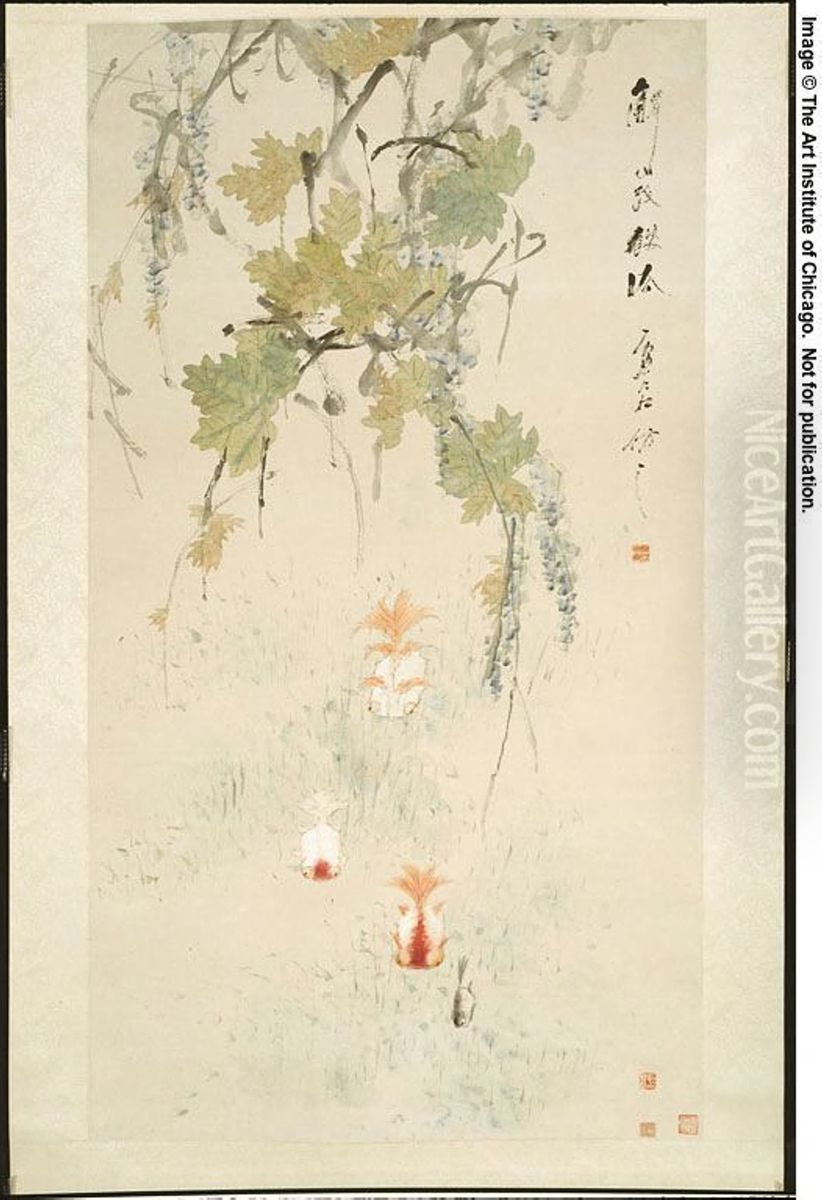 Wisteria And Goldfish Oil Painting by Xu Gu