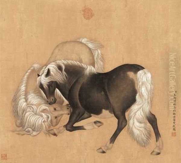 Two Horses In The Style Of Giuseppe Castiglione Oil Painting by Ding Guanpeng