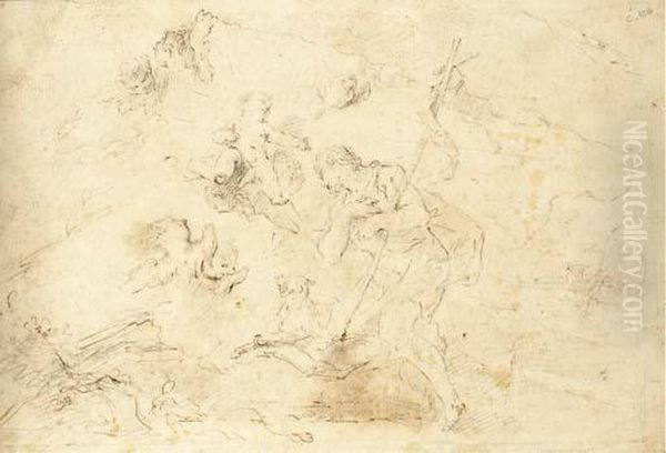 Saint Jean-baptiste Tenant Une 
Croix Avec Un Agneau Et Entoure Deputti (recto); Des Etudes De Putti 
(verso) Oil Painting by Giovanni Antonio Guardi