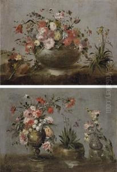 Tulips, Roses, Morning Glory And
 Other Flowers In A Stone Vase Withnarcissi Growing Beside Oil Painting by Francesco Guardi