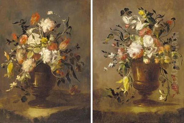 Roses, Tulips, Narcissi And 
Other Flowers In An Urn On A Ledge; And Roses, Daffodils, Tulips, 
Carnations And Other Flowers In An Urn On A Ledge Oil Painting by Francesco Guardi