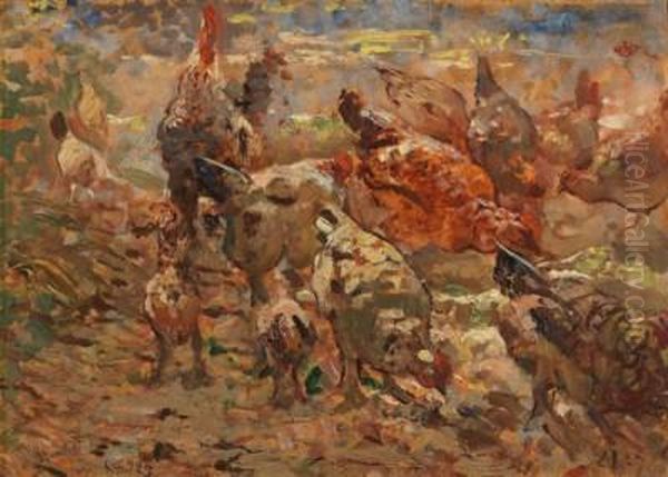 Galline Nel Pollaio Oil Painting by Giovanni Guarlotti