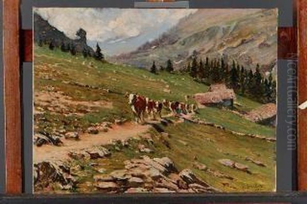 Paesaggio Alpino Con Mucche Oil Painting by Giovanni Guarlotti