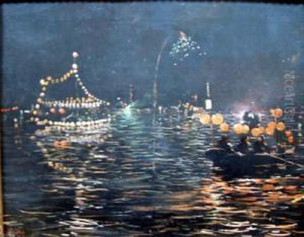 French Oil On Canvas Chinese 
Harbour At Night With Lanterns And Fireworks Signed 12.5 X 15.5in Oil Painting by Ferdinand Joseph Gueldry