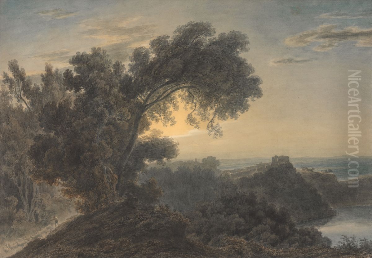 The Lake of Albano and Castle Gandolfo Oil Painting by John Robert Cozens