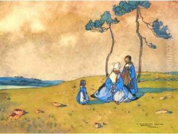 Femmes Et Enfants A Plougastel Daoulas Oil Painting by Ernest Guerin