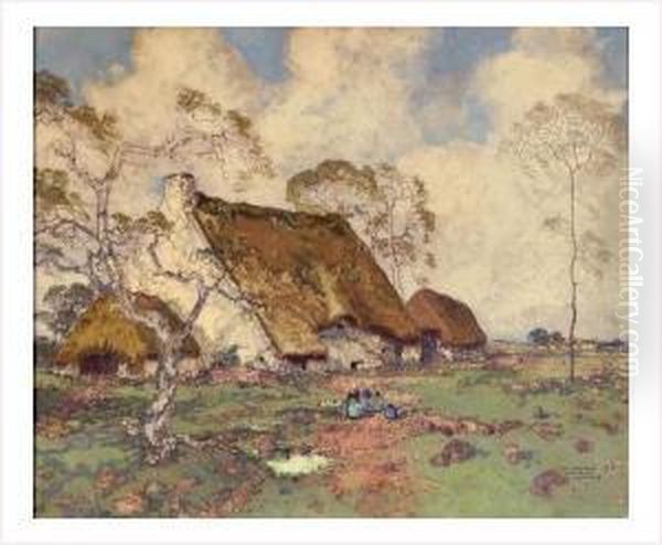 Conversation Devant Les Chaumieres Oil Painting by Ernest Guerin