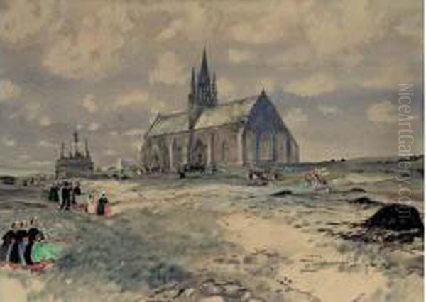 Paysage A L'eglise Tronoen Saint Jean Trolimon Bretagne Oil Painting by Ernest Guerin