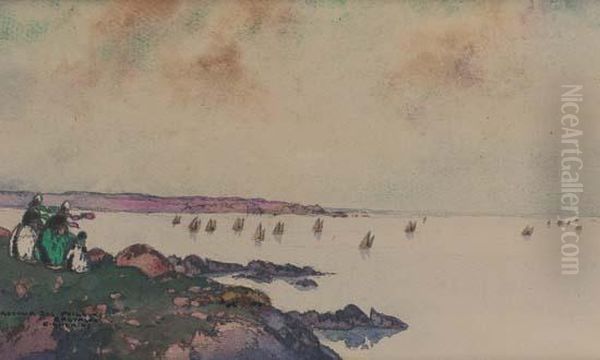 < Le Retour Des Pecheurs, Bretagne >. Oil Painting by Ernest Guerin