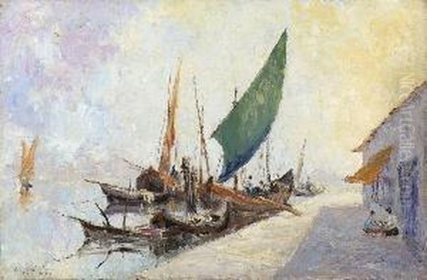 Venezianische Fischerboote Im
 Hafen. Oil Painting by Andre Guerin Le Guay