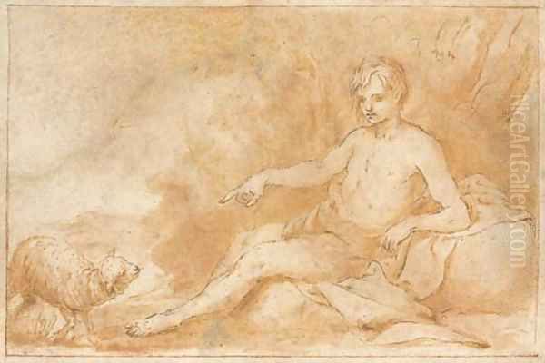 Saint John the Baptist, seated, pointing to a lamb Oil Painting by Alonso Cano