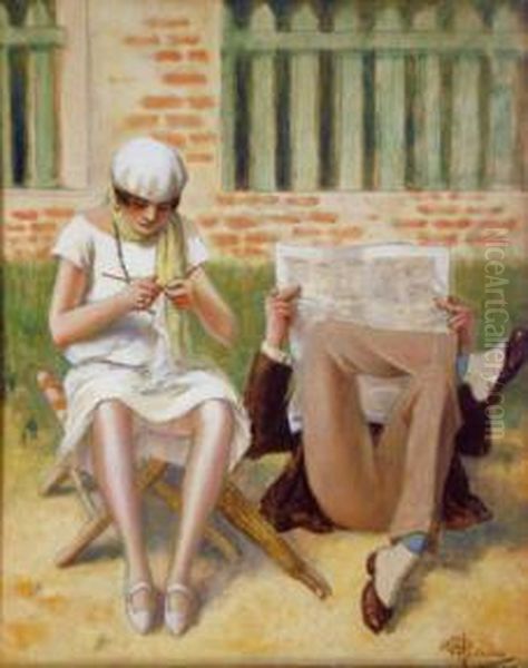 Femme A Son Tricot Et Homme A Son Journal. Oil Painting by Albert Guillaume
