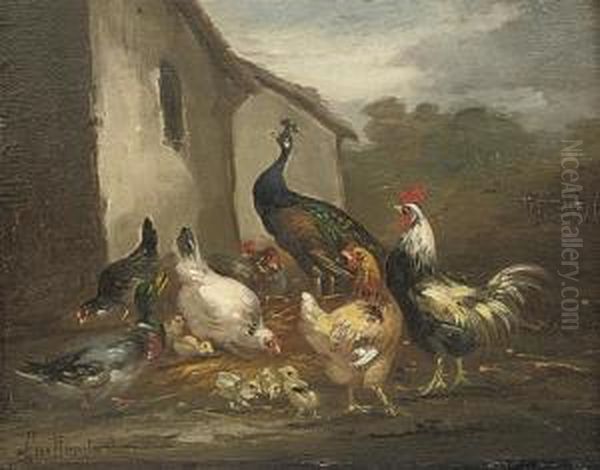 A Peacock, Hens And A Duck In A Farmyard; And Ducks And Hens In Afarmyard Oil Painting by Claude Guilleminet