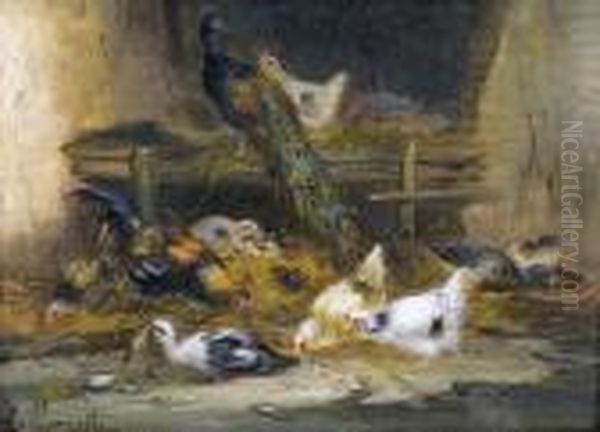 Pfau Mit Huhnern Und Enten In Einem Stall. Oil Painting by Claude Guilleminet