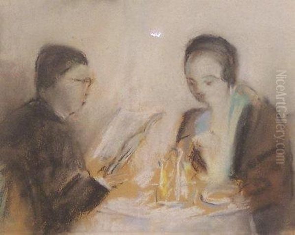 Figures Seated At A Table Oil Painting by May Guinness