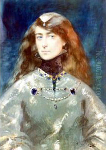 Portrait Of A Lady In Medieval Costume Oil Painting by Lucien Victor Guirand De Scevola