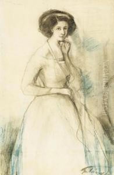 Lady In White Dress, Around 1910 Oil Painting by Lajos Gulacsy