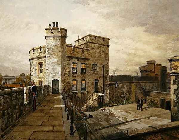 View of Devereux Tower, Tower of London, with figures in military clothing, 1883 Oil Painting by John Crowther