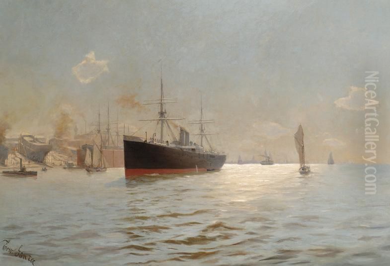 Hamburg Harbour View Oil Painting by Erwin Carl Wilhelm Gunther