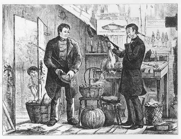 A farmer paying his subscription to the local newspaper in kind Oil Painting by Frederick Stuart Church