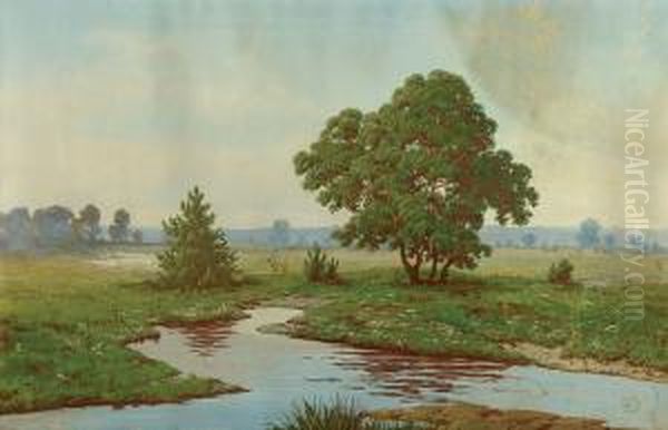 Pejzaz Z Rzeka I Drzewami Oil Painting by Jozef Guranowski