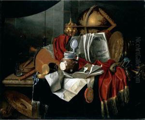 A Still Life With Musical 
Instruments, A Globe, A Glass And A Book, Together With Other Objects On
 A Marble Table Oil Painting by Franciscus Gysbrechts