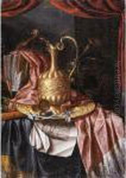 A Still Life Of A Gilt Ewer, A 
Gilt Plate, Prints And Writing Materials All Resting On A Draped Table Oil Painting by Franciscus Gysbrechts
