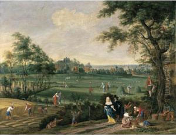 A Late Summer Landscape With 
Peasants Harvesting Corn, Raking Hay And Picking Fruit, Observed By An 
Elegant Couple On A Road Oil Painting by Pieter Gysels