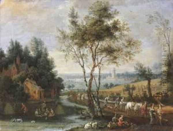 Summer: A Pastoral Landscape 
With Peasants At Harvest And Returningfrom Market, A City In The 
Distance Oil Painting by Pieter Gysels